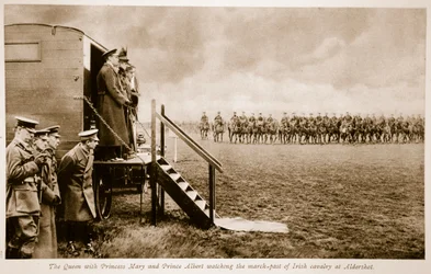 The Queen with Princess Mary and Prince Albert watching the march-past of Irish cavalry at Aldershot, 1914-19